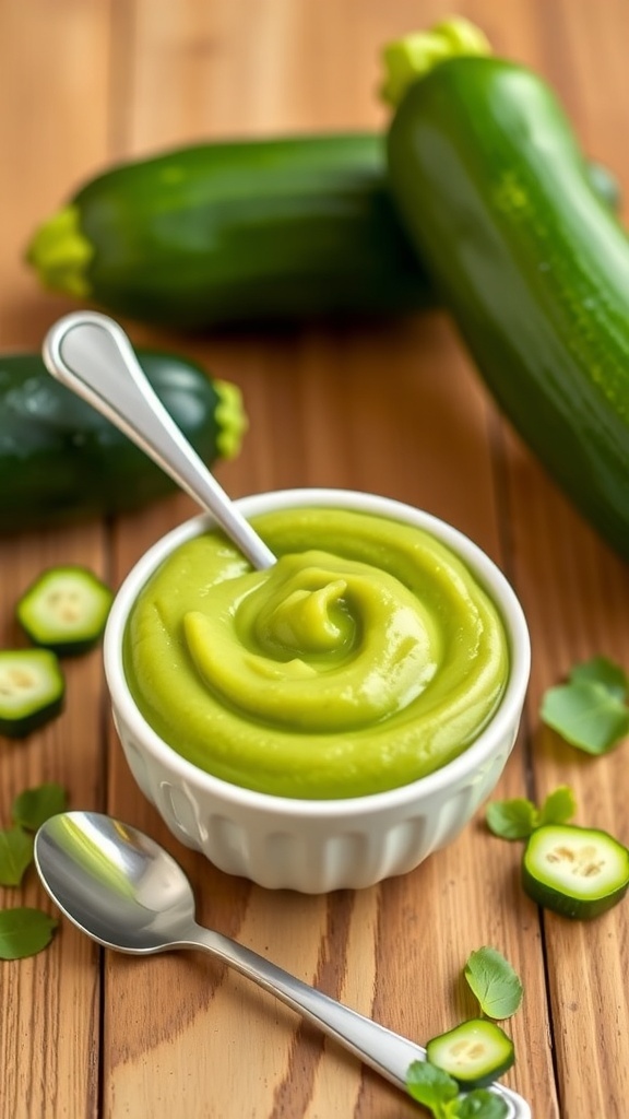 A bowl of smooth green zucchini puree with fresh zucchinis on a wooden table.